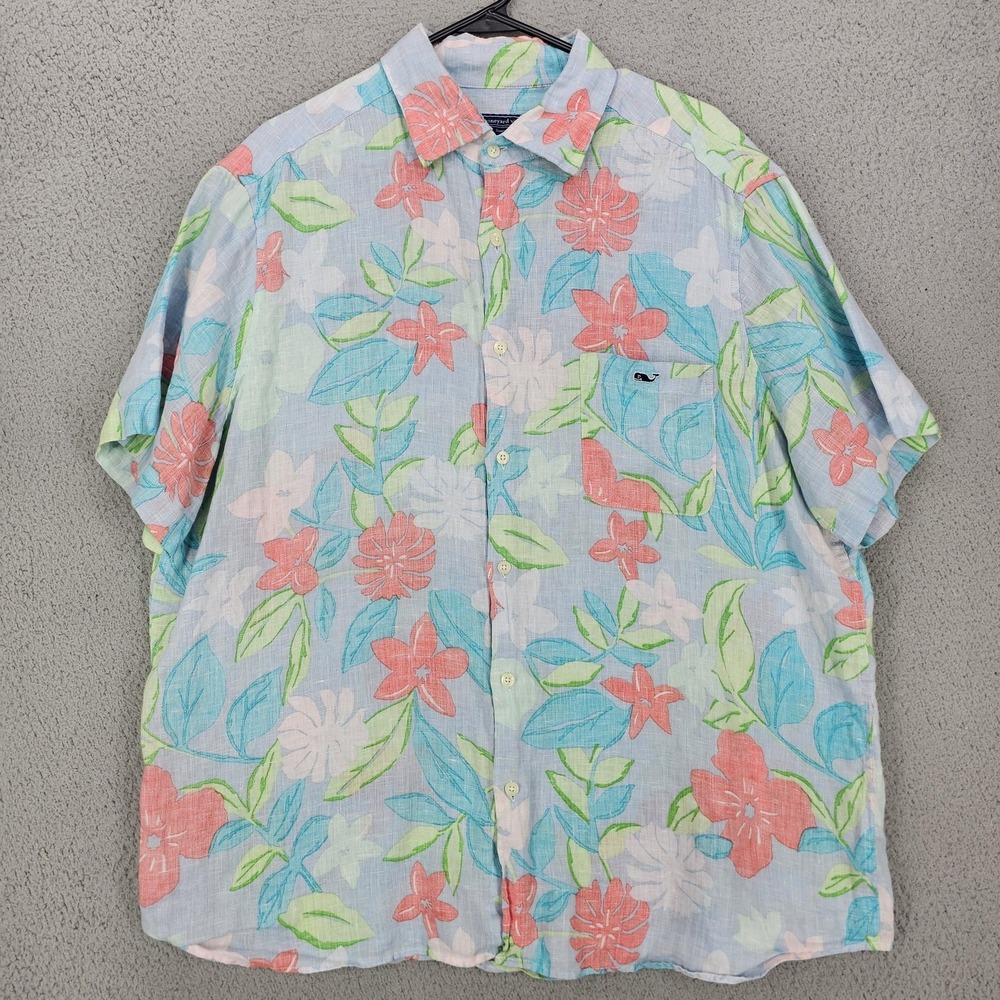 Vineyard Vines Shirt Mens XL Blue Floral 100% Linen Short Sleeve Button Up